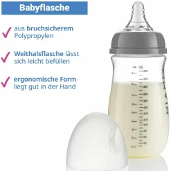 PP-Flasche 3er Pack 260 ml + Silikon-Trinksauger Gr.S - Grau