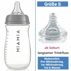 PP-Flasche 3er Pack 260 ml + Silikon-Trinksauger Gr.S - Grau