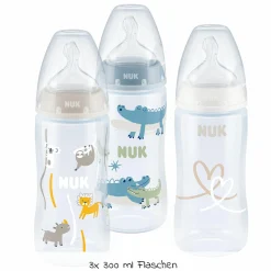 PP-Flasche 3er Pack First Choice Plus 300 ml + Silikon-Sauger Gr. M - Temperature Control - Blau
