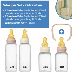 PP-Flasche 4er Pack mit Griff Baby Bottle Round 150 ml & 270 ml + Latex-Trinksauger + Baby Bottle Handle - Ivory / Blush