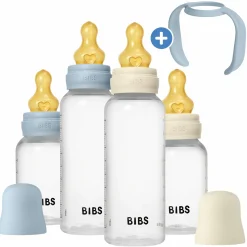 PP-Flasche 4er Pack mit Griff Baby Bottle Round 150 ml & 270 ml + Latex-Trinksauger + Baby Bottle Handle - Ivory / Baby Blue