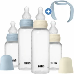 PP-Flasche 4er Pack mit Griff Baby Bottle Round 150 ml & 270 ml + Silikon-Trinksauger + Baby Bottle Handle - Ivory / Baby Blue