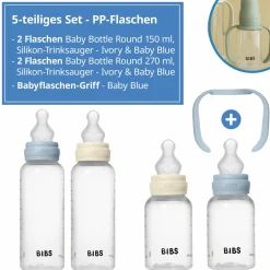 PP-Flasche 4er Pack mit Griff Baby Bottle Round 150 ml & 270 ml + Silikon-Trinksauger + Baby Bottle Handle - Ivory / Baby Blue