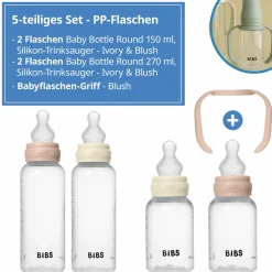 PP-Flasche 4er Pack mit Griff Baby Bottle Round 150 ml & 270 ml + Silikon-Trinksauger + Baby Bottle Handle - Ivory / Blush