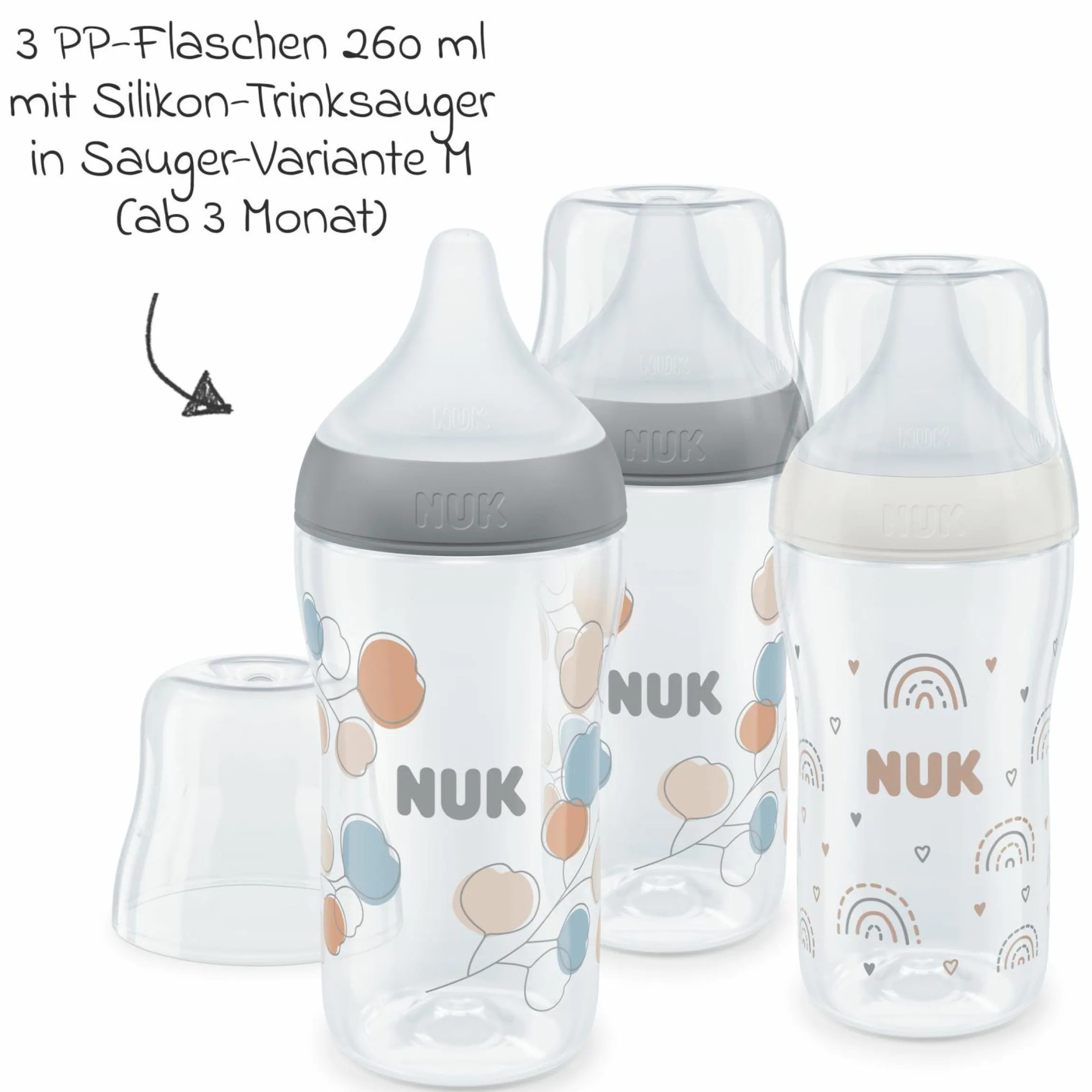PP-Flasche 3er Pack Perfect Match 260 ml + Silikon-Sauger Gr. M - Zweige & Regenbogen