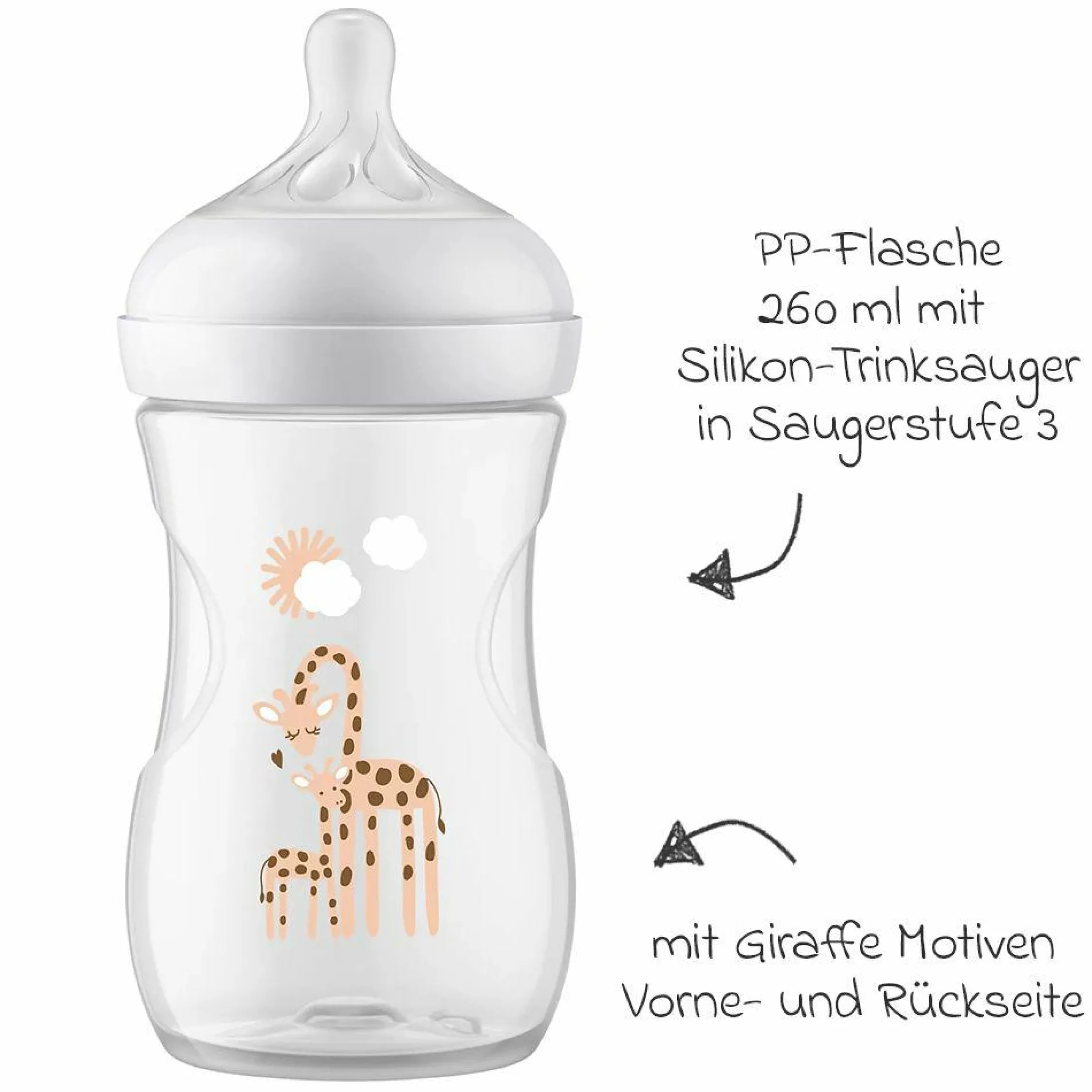 PP-Flasche Natural Response 260ml + Silikon-Sauger 1M+ - Giraffe