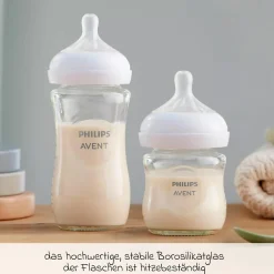 Premium Glas-Flaschen-Set Natural 11-tlg. - 6 Babyflaschen + Flaschenbürste + Milchpulverportionierer + 3 Spucktücher