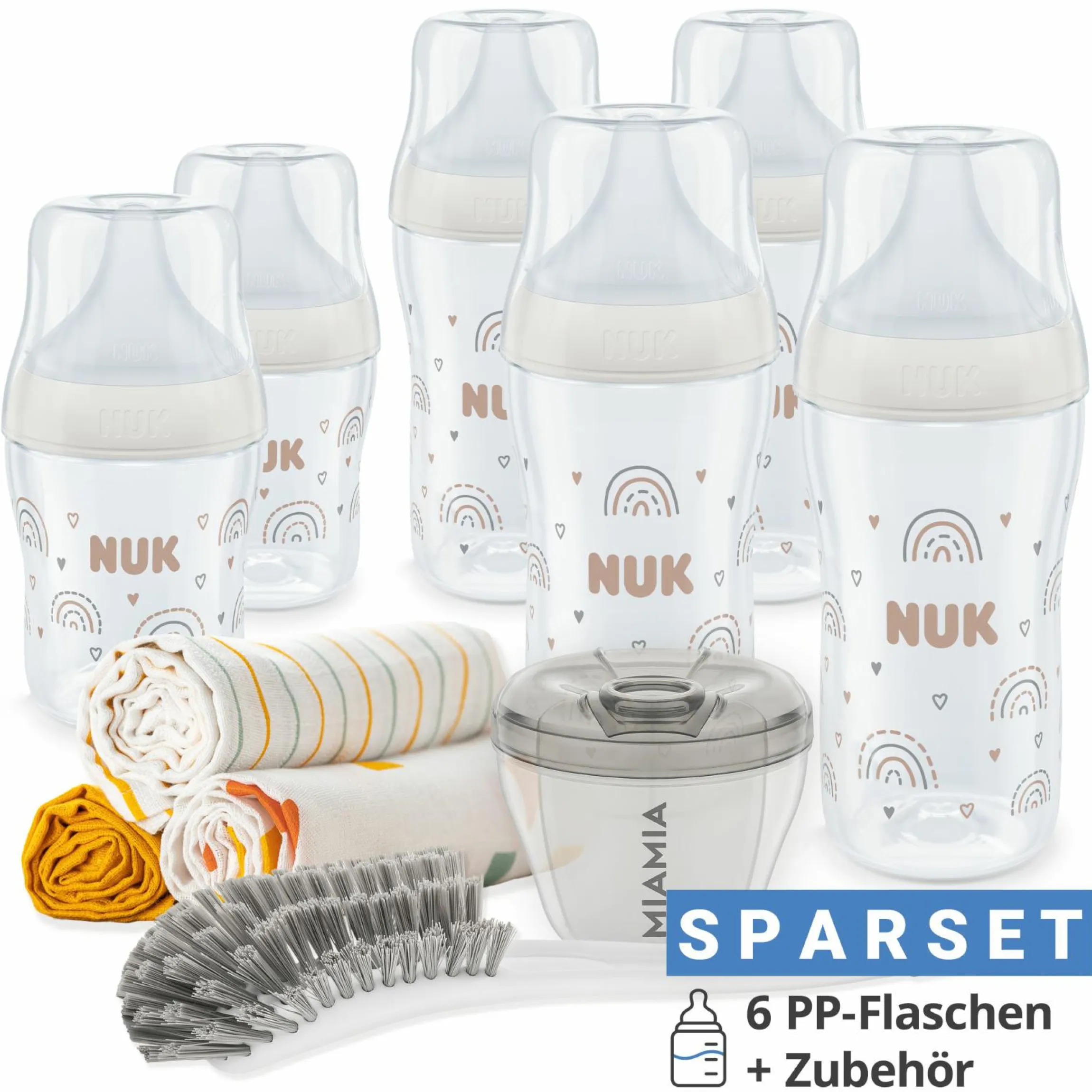 Premium PP-Flaschen-Set Perfect Match 11-tlg. - 6 Babyflaschen + Flaschenbürste + Milchpulverportionierer + 3 Spucktücher - Regenbogen - Weiß