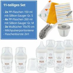 Premium PP-Flaschen-Set Perfect Match 11-tlg. - 6 Babyflaschen + Flaschenbürste + Milchpulverportionierer + 3 Spucktücher - Regenbogen - Weiß