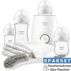 Premium Starter-Set Glas Natural 9-tlg. - Babykostwärmer + 4x Babyflasche + 1x Flaschenbürste + 3x Spucktuch