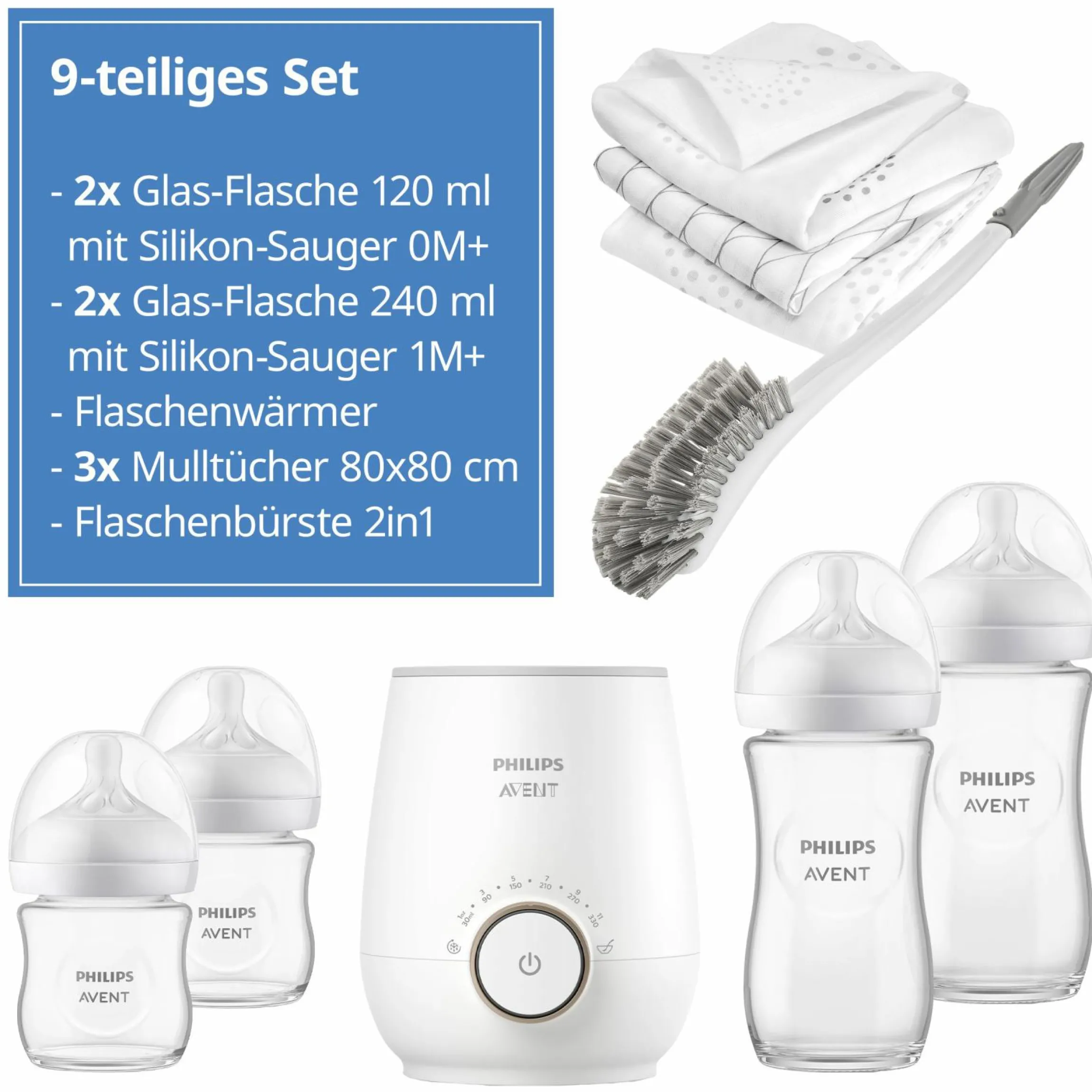 Premium Starter-Set Glas Natural 9-tlg. - Babykostwärmer + 4x Babyflasche + 1x Flaschenbürste + 3x Spucktuch