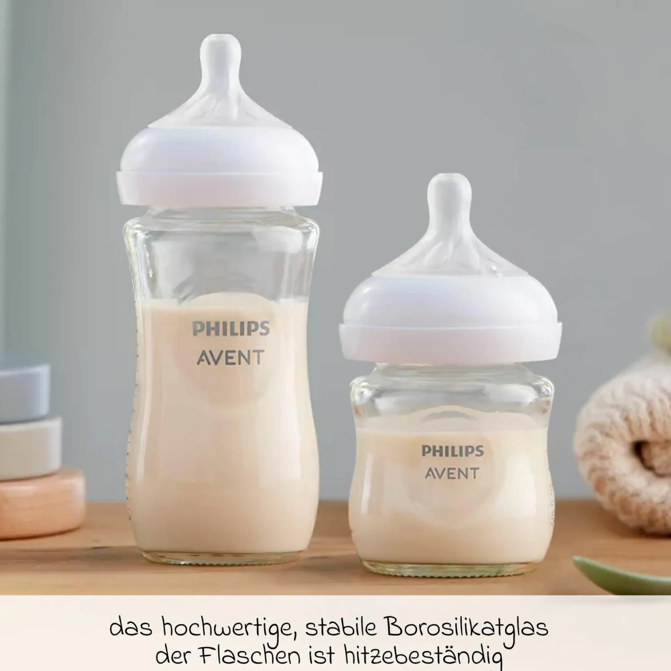 Premium Starter-Set Glas Natural 9-tlg. - Babykostwärmer + 4x Babyflasche + 1x Flaschenbürste + 3x Spucktuch
