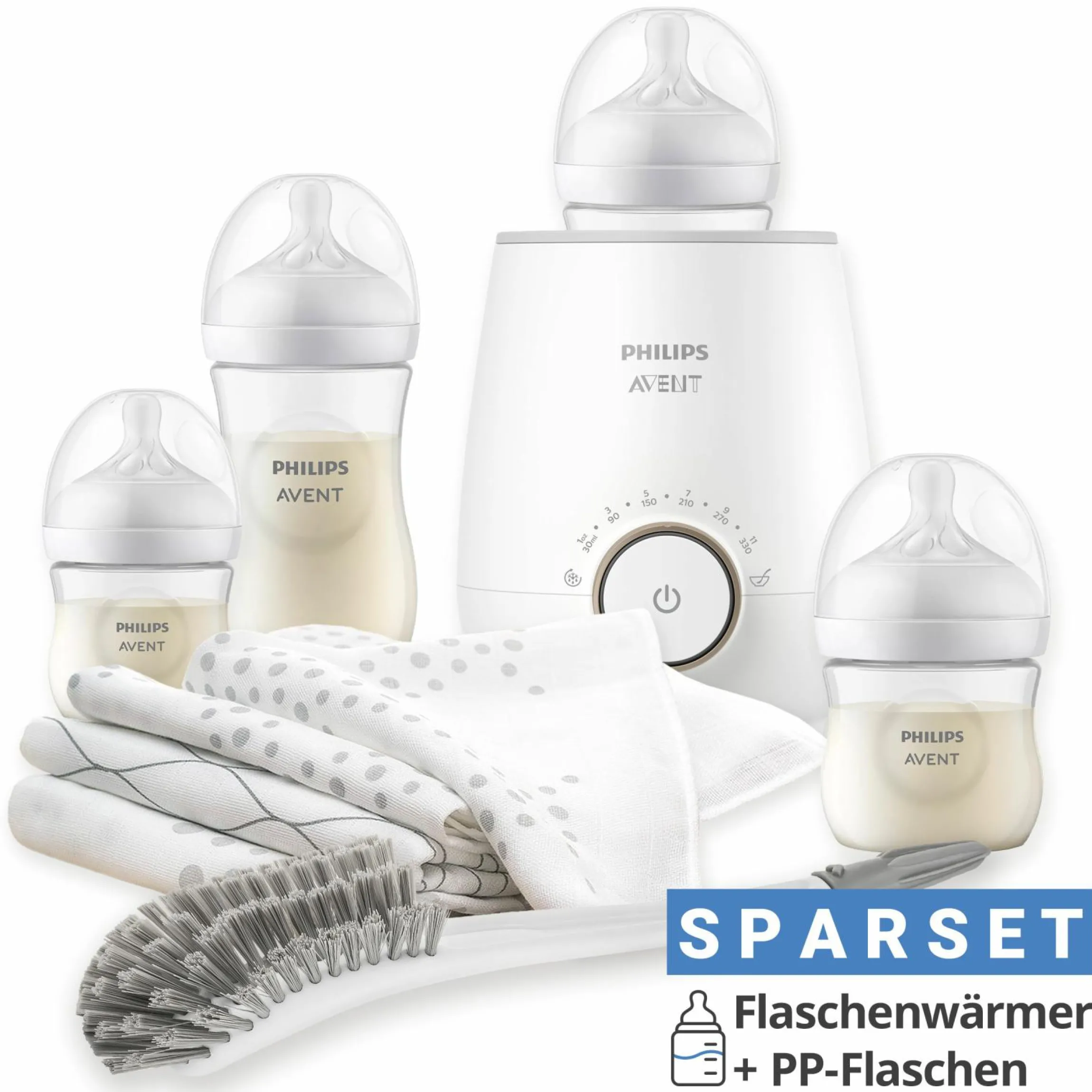 Premium Starter-Set PP Natural 9-tlg. - Babykostwärmer + 4x Babyflasche + 1x Flaschenbürste + 3x Spucktuch