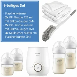 Premium Starter-Set PP Natural 9-tlg. - Babykostwärmer + 4x Babyflasche + 1x Flaschenbürste + 3x Spucktuch