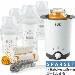 Premium Starter-Set 9-tlg. - Babykostwärmer + 4 PP-Flaschen Perfect Match + 1 Flaschenbürste + 3 Spucktücher - Regenbogen - Weiß