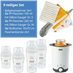 Premium Starter-Set 9-tlg. - Babykostwärmer + 4 PP-Flaschen Perfect Match + 1 Flaschenbürste + 3 Spucktücher - Regenbogen - Weiß