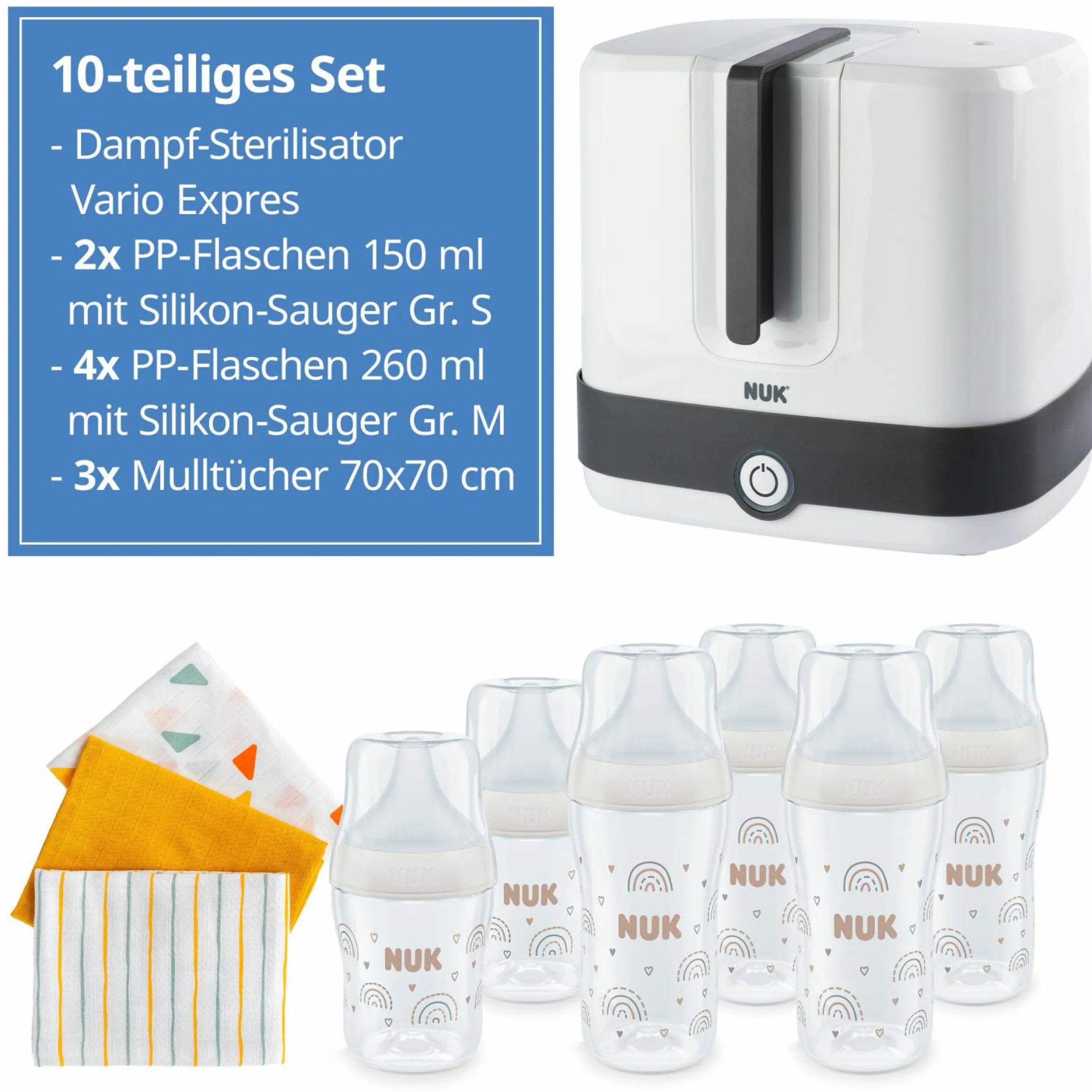 Premium Starter-Set 10-tlg. - Dampfsterilisator Vario Express + 6 PP-Flaschen Perfect Match + 3 Spucktücher - Regenbogen - Weiß
