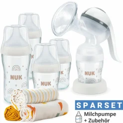 Premium Still-Set Basic 8-tlg. - Handmilchpumpe + 4 Glas-Flaschen Perfect Match + 3 Spucktücher - Regenbogen - Weiß
