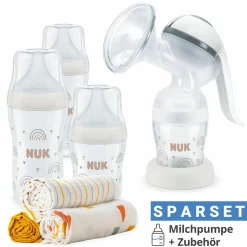 Premium Still-Set Basic 7-tlg. - Handmilchpumpe + 3 PP-Flaschen Perfect Match + 3 Spucktücher - Regenbogen - Weiß