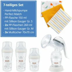 Premium Still-Set Basic 7-tlg. - Handmilchpumpe + 3 PP-Flaschen Perfect Match + 3 Spucktücher - Regenbogen - Weiß
