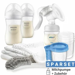Premium Still-Set Basic 12-tlg. - Handmilchpumpe + 2 Babyflaschen + 5 Mehrwegbecher + 1 Flaschenbürste + 3 Spucktücher