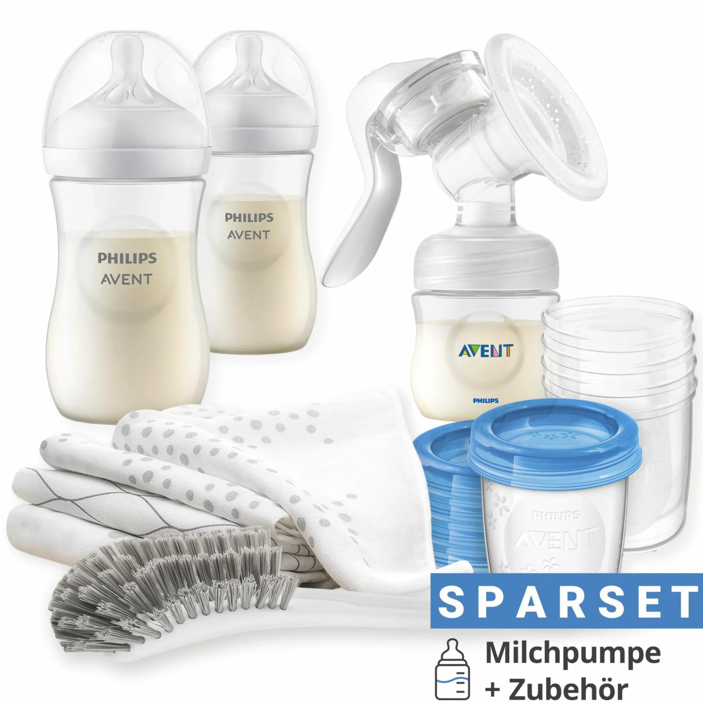 Premium Still-Set Basic 12-tlg. - Handmilchpumpe + 2 Babyflaschen + 5 Mehrwegbecher + 1 Flaschenbürste + 3 Spucktücher