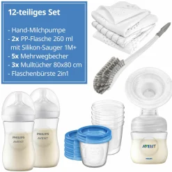 Premium Still-Set Basic 12-tlg. - Handmilchpumpe + 2 Babyflaschen + 5 Mehrwegbecher + 1 Flaschenbürste + 3 Spucktücher