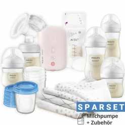 Premium Still-Set Deluxe 80-tlg. - elektr. Milchpumpe + 5 PP-Flaschen + 5 Mehrwegbecher + 5 Muttermilchbeutel + 62 Stilleinlagen + 3 Mulltücher