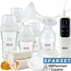 Premium Still-Set Deluxe 68-tlg. - elektr. Milchpumpe Soft&Easy + 4 Glas-Flaschen Perfect Match + 60 Stilleinlagen + 3 Spucktücher - Regenbogen - Weiß