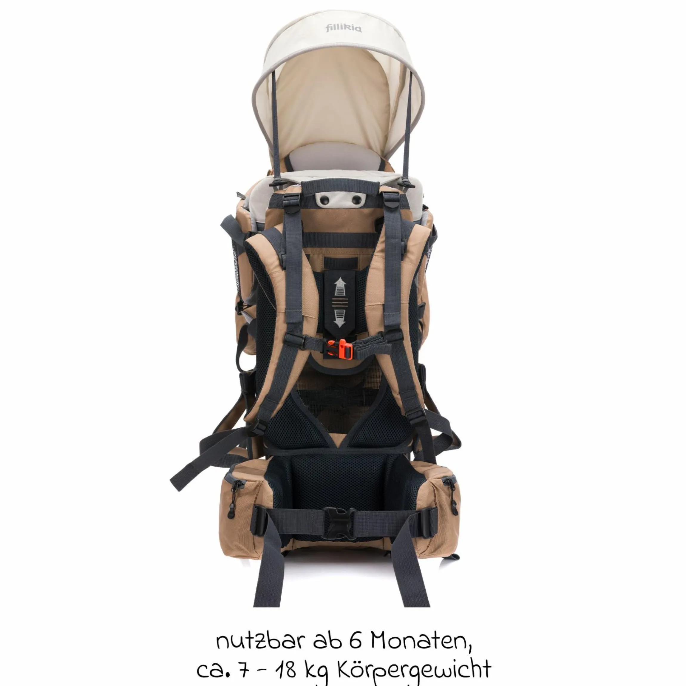 Rückentrage Adventure für Baby & Kleinkind bis 20 kg mit Sonnendach & Rucksack - Desert Beige