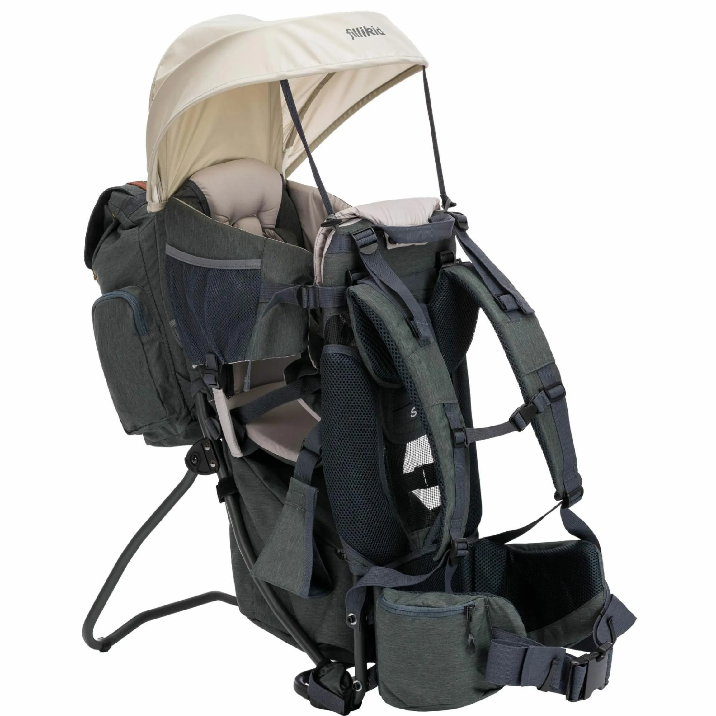 Rückentrage Adventure für Baby & Kleinkind bis 20 kg mit Sonnendach & Rucksack - Grau