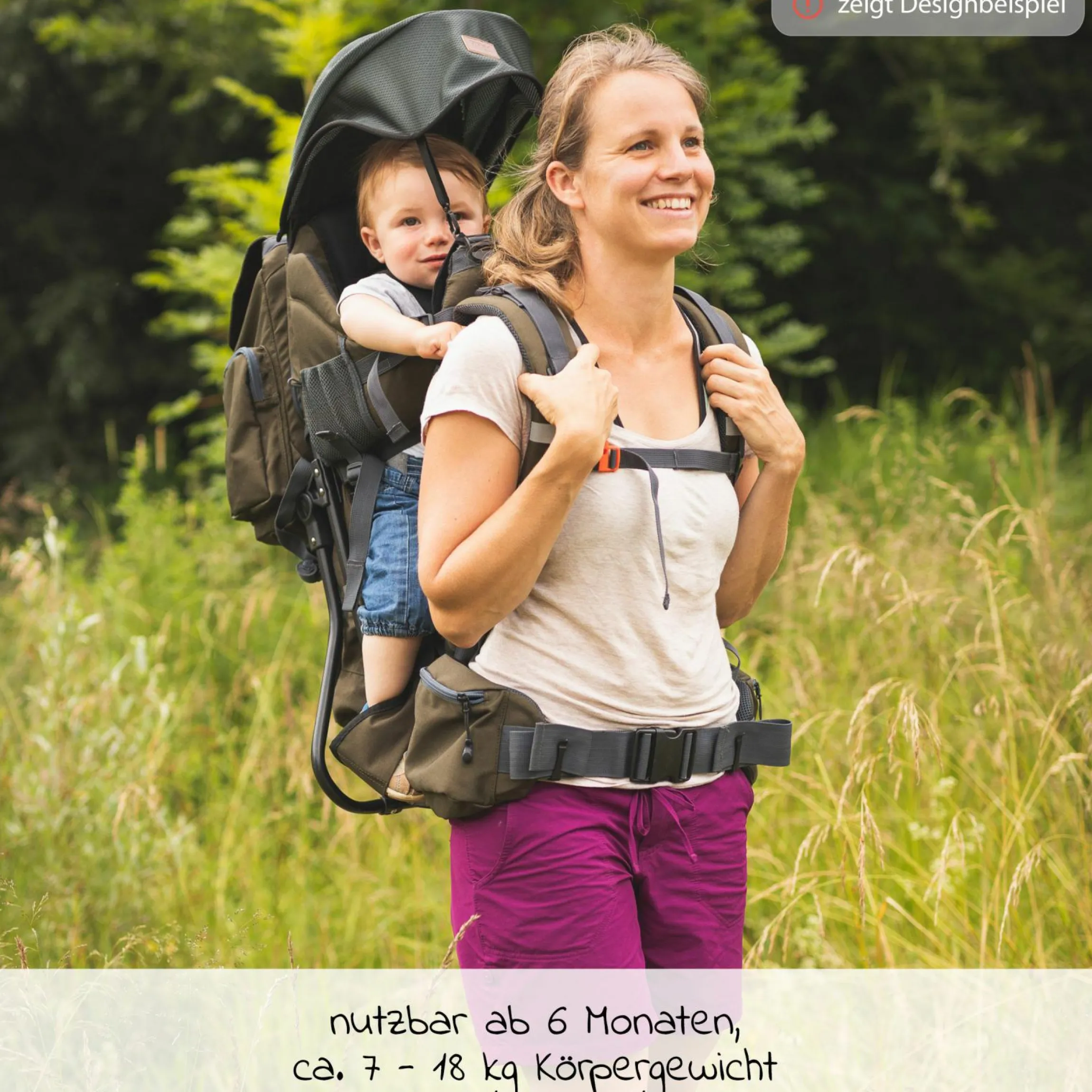 Rückentrage Adventure für Baby & Kleinkind bis 20 kg mit Sonnendach & Rucksack - Grau