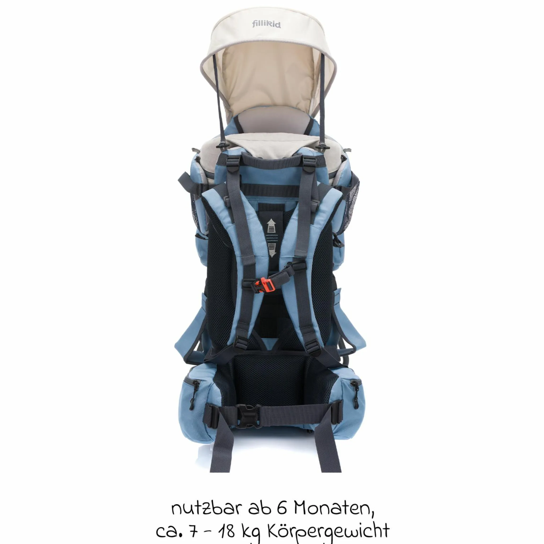 Rückentrage Adventure für Baby & Kleinkind bis 20 kg mit Sonnendach & Rucksack - Frost Blue