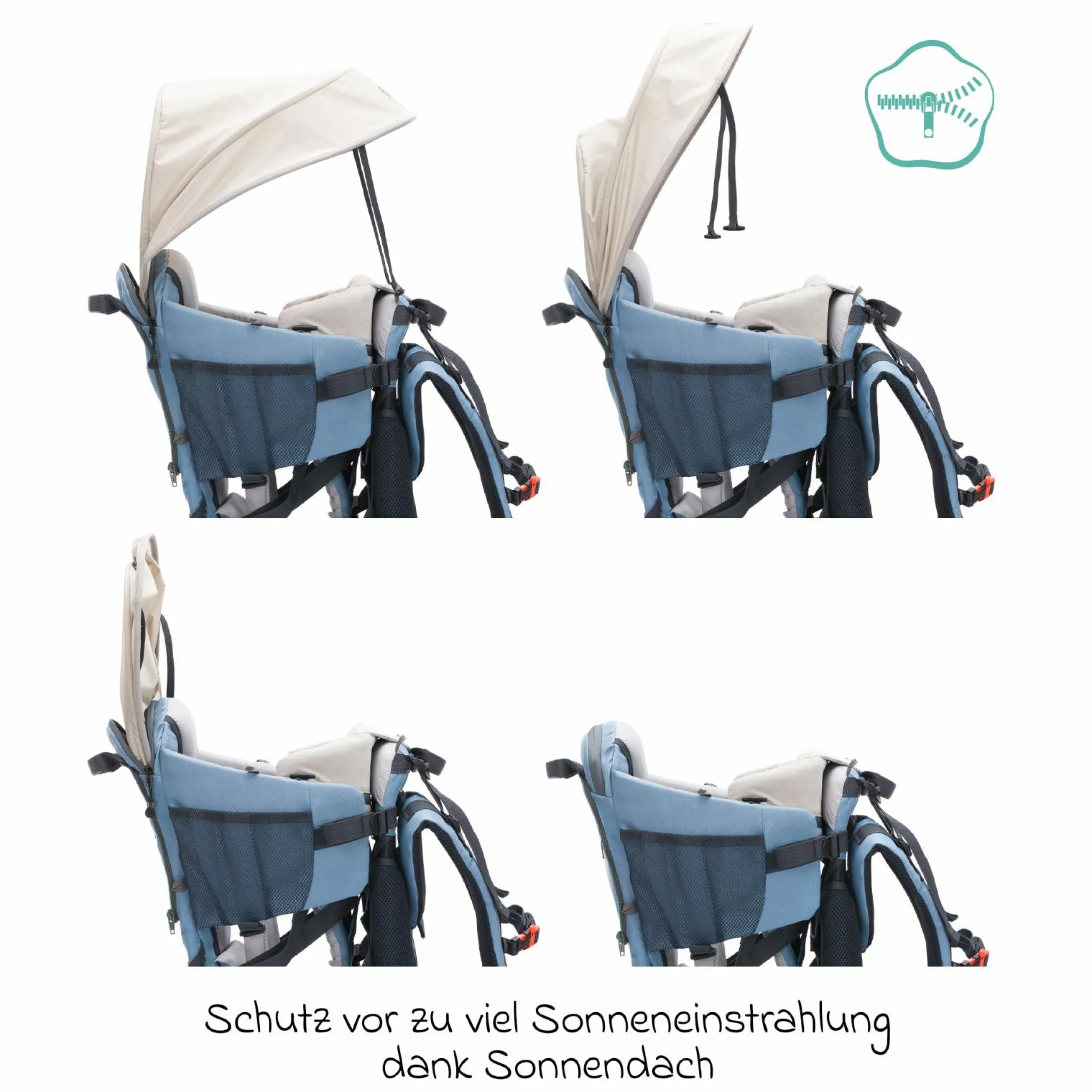 Rückentrage Adventure für Baby & Kleinkind bis 20 kg mit Sonnendach & Rucksack - Frost Blue