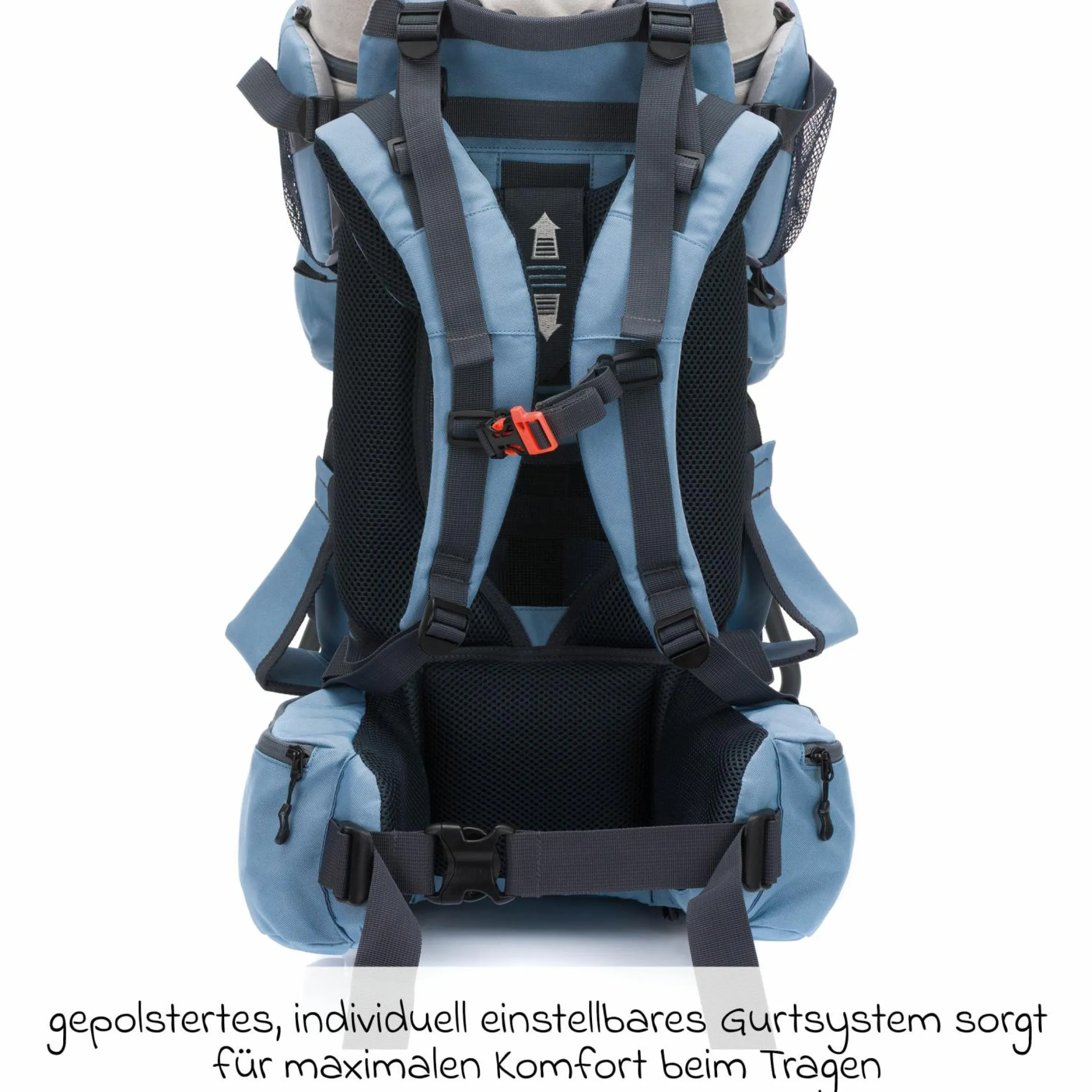Rückentrage Adventure für Baby & Kleinkind bis 20 kg mit Sonnendach & Rucksack - Frost Blue