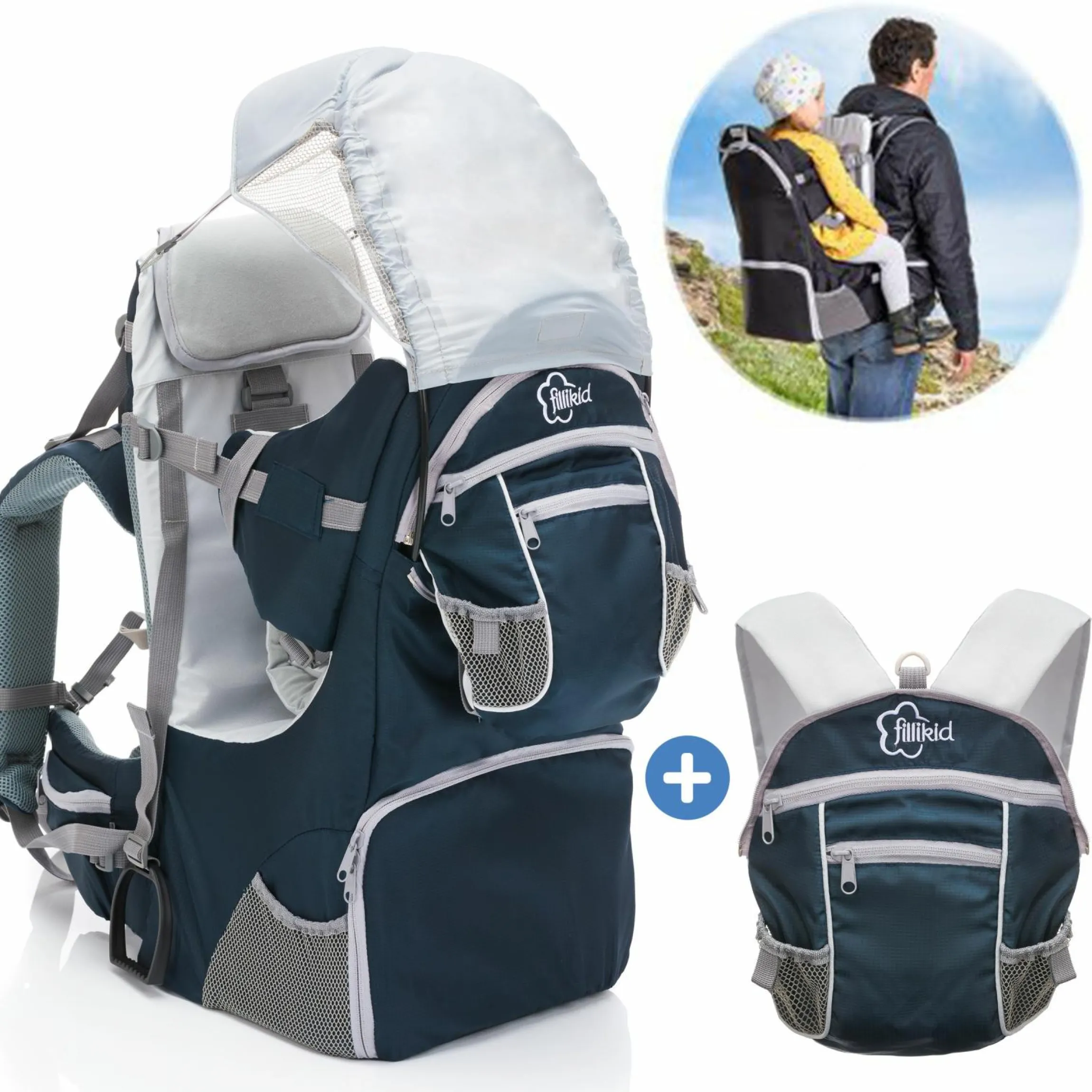 Rückentrage für Baby und Kleinkind mit Sonnenschutz und Zubehör - Blau