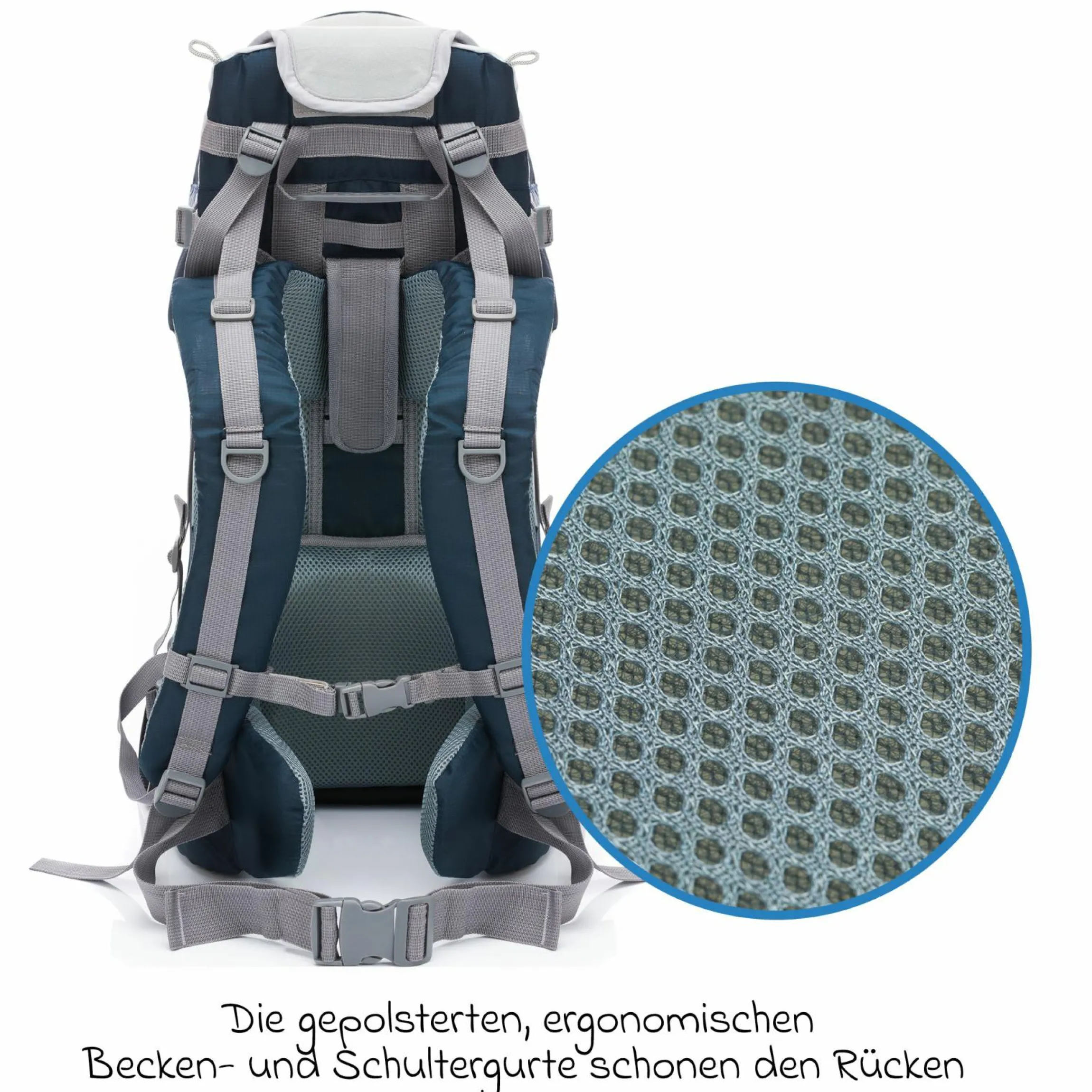 Rückentrage für Baby und Kleinkind mit Sonnenschutz und Zubehör - Blau
