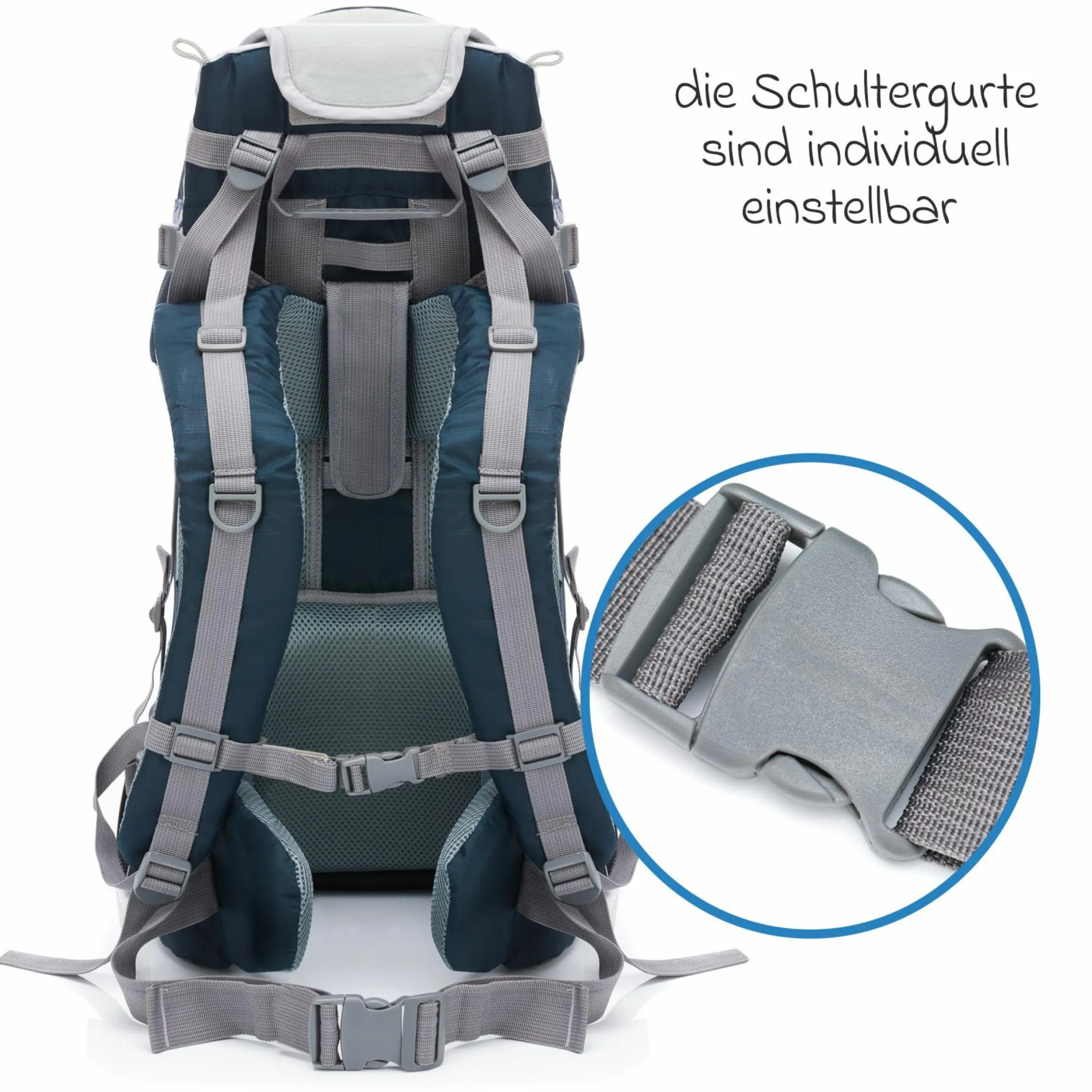 Rückentrage für Baby und Kleinkind mit Sonnenschutz und Zubehör - Blau