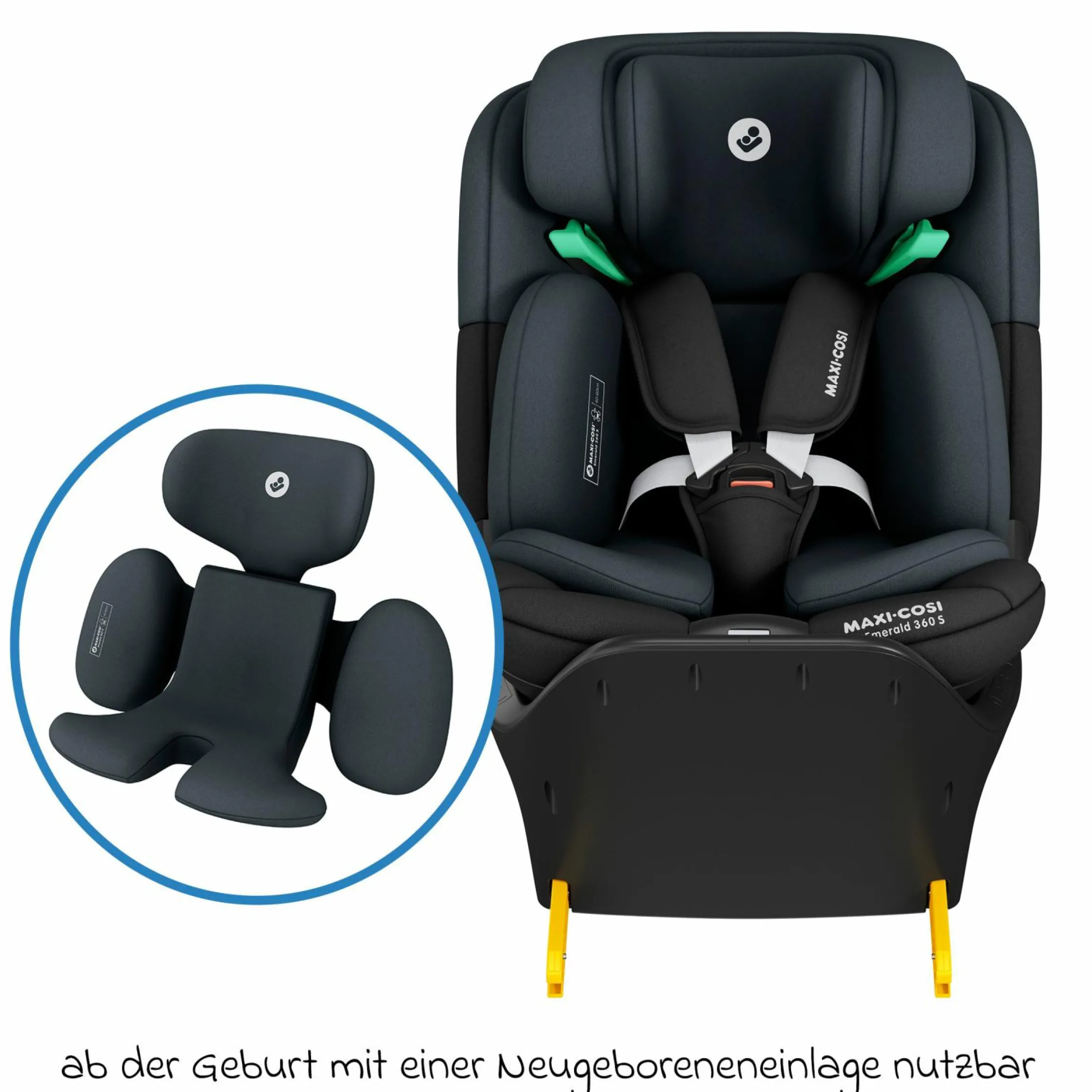 Reboarder-Kindersitz Emerald 360 S i-Size drehbar ab Geburt - 12 Jahre (40 cm - 150 cm) mit G-Cell Seitenaufpralltechnologie & Isofix-Base - Tonal Black - Kollektion 2025