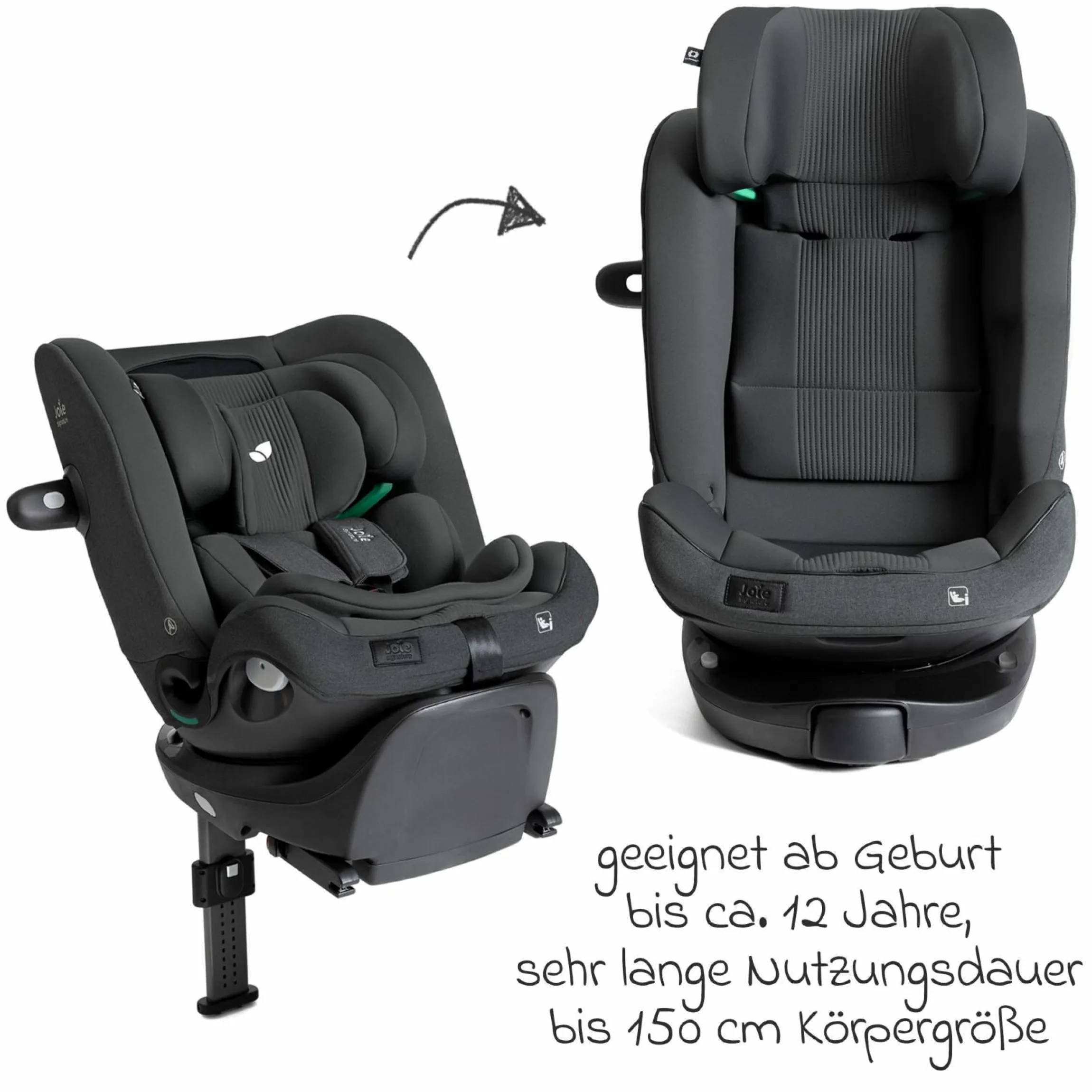Reboarder-Kindersitz i-Spin XL i-Size 360° drehbar ab Geburt - 12 Jahre (40 cm -150 cm) inkl. Sitzverkleinerer & Isofix-Basis - Signature - Ebony