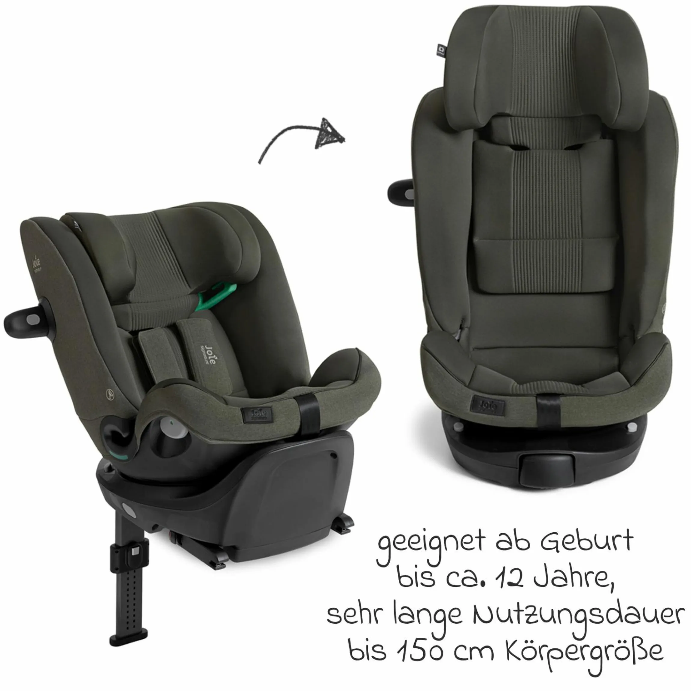 Reboarder-Kindersitz i-Spin XL i-Size 360° drehbar ab Geburt - 12 Jahre (40 cm -150 cm) inkl. Sitzverkleinerer & Isofix-Basis - Signature - Evergreen