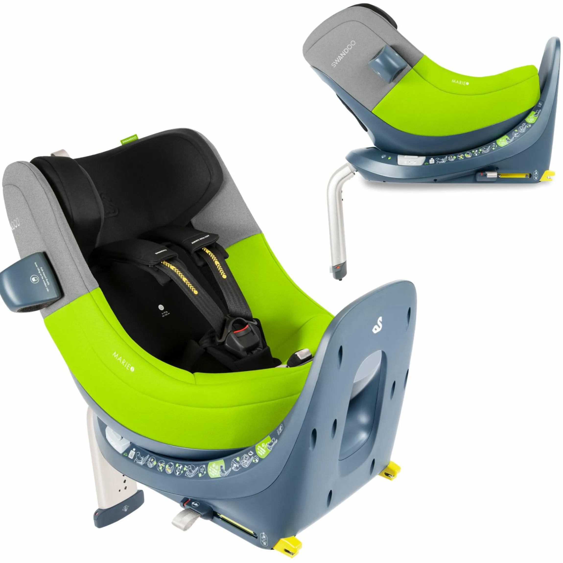 Reboarder-Kindersitz Marie³ i-Size ab Geburt - 4 Jahre (40 cm - 105 cm, 18 kg) 360 ° drehbar inkl. Neugeboreneneinlage, verstellbare Kopfstütze & Isofix - Lime Sesame Grey
