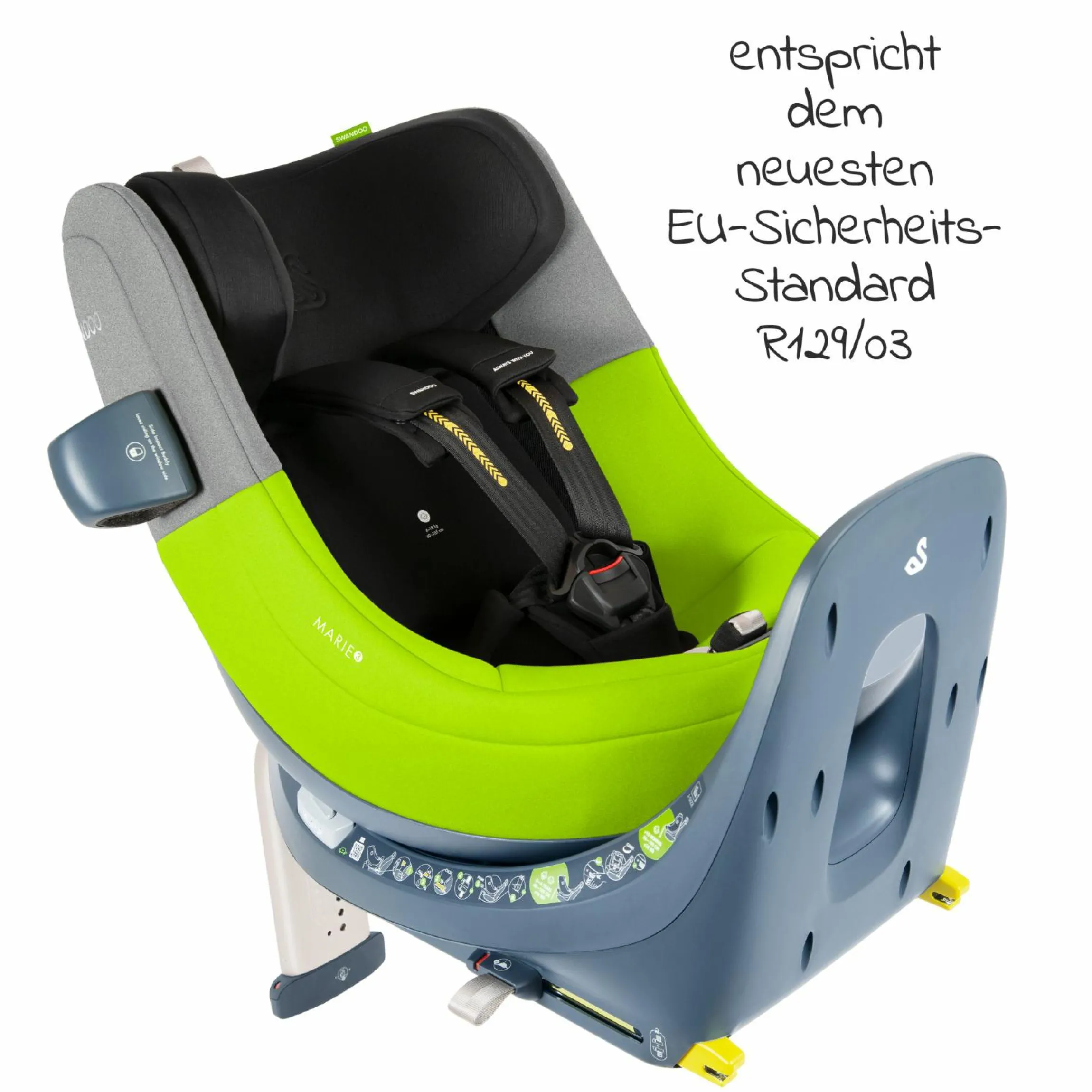 Reboarder-Kindersitz Marie³ i-Size ab Geburt - 4 Jahre (40 cm - 105 cm, 18 kg) 360 ° drehbar inkl. Neugeboreneneinlage, verstellbare Kopfstütze & Isofix - Lime Sesame Grey