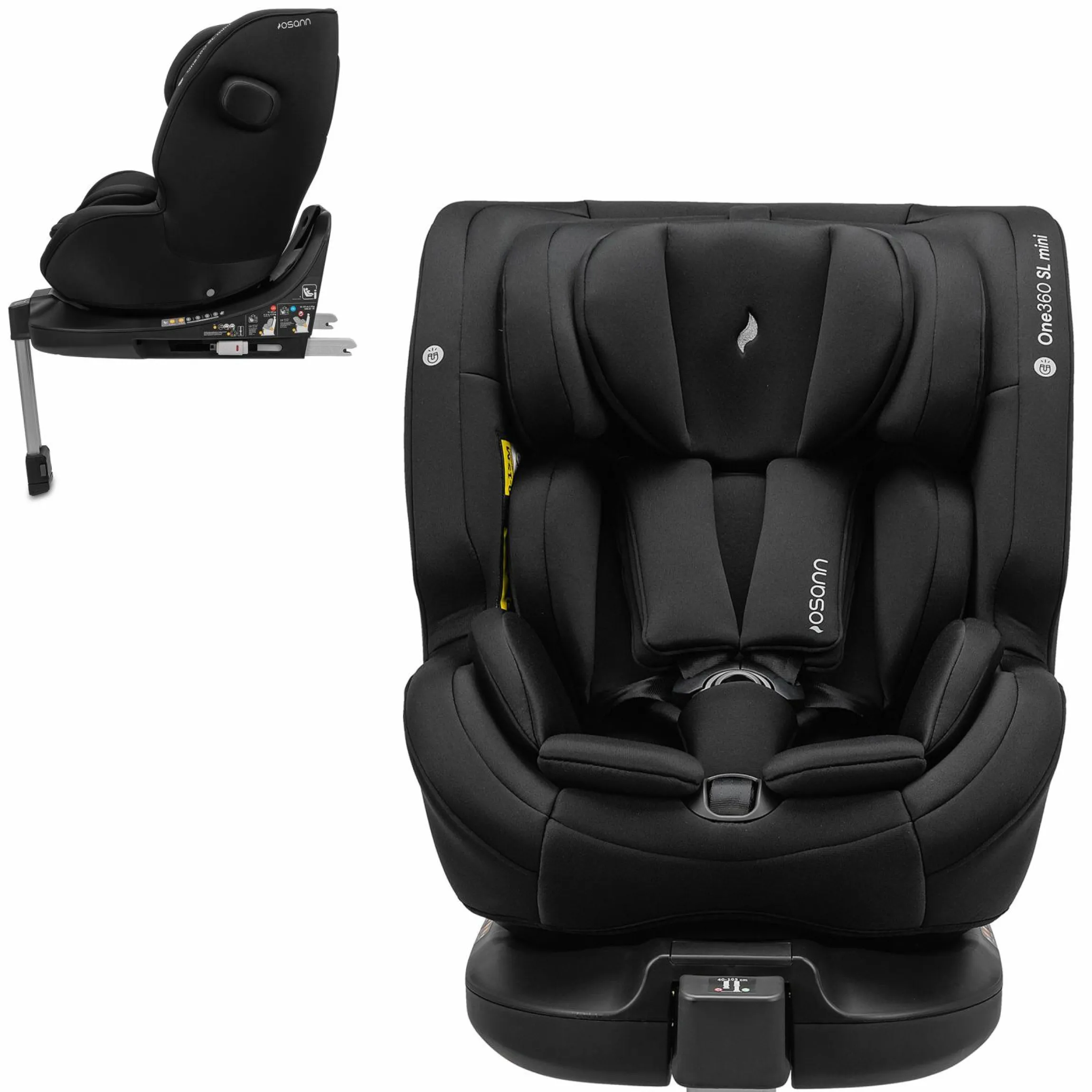 Reboarder-Kindersitz One 360 SL mini drehbar ab Geburt - 4 Jahre (40 cm - 105 cm) mit Sitzverkleinerer inkl. Isofix-Basis - All Black - Kollektion 2025