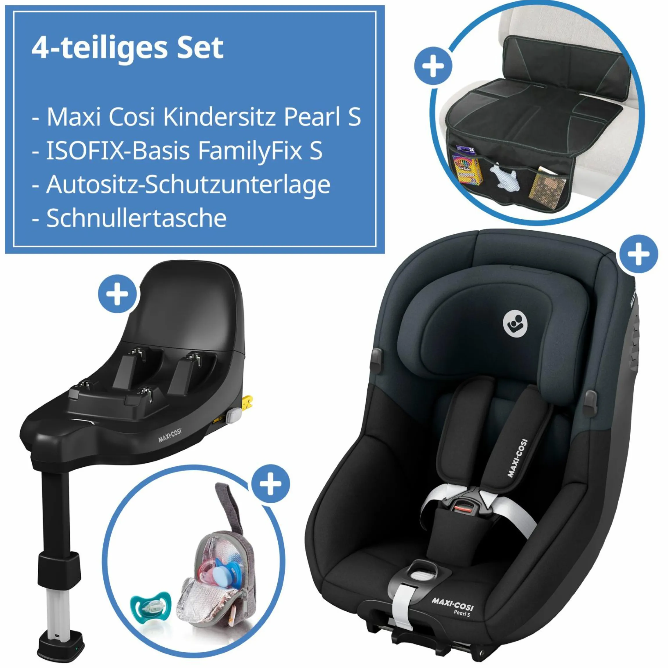 Reboarder-Kindersitz Pearl S i-Size ab 3 Monate - 4 Jahre (61 cm - 105 cm) inkl. Isofix-Basis FamilyFix S, Schutzunterlage & Schnullertasche - Tonal Black - Kollektion 2025