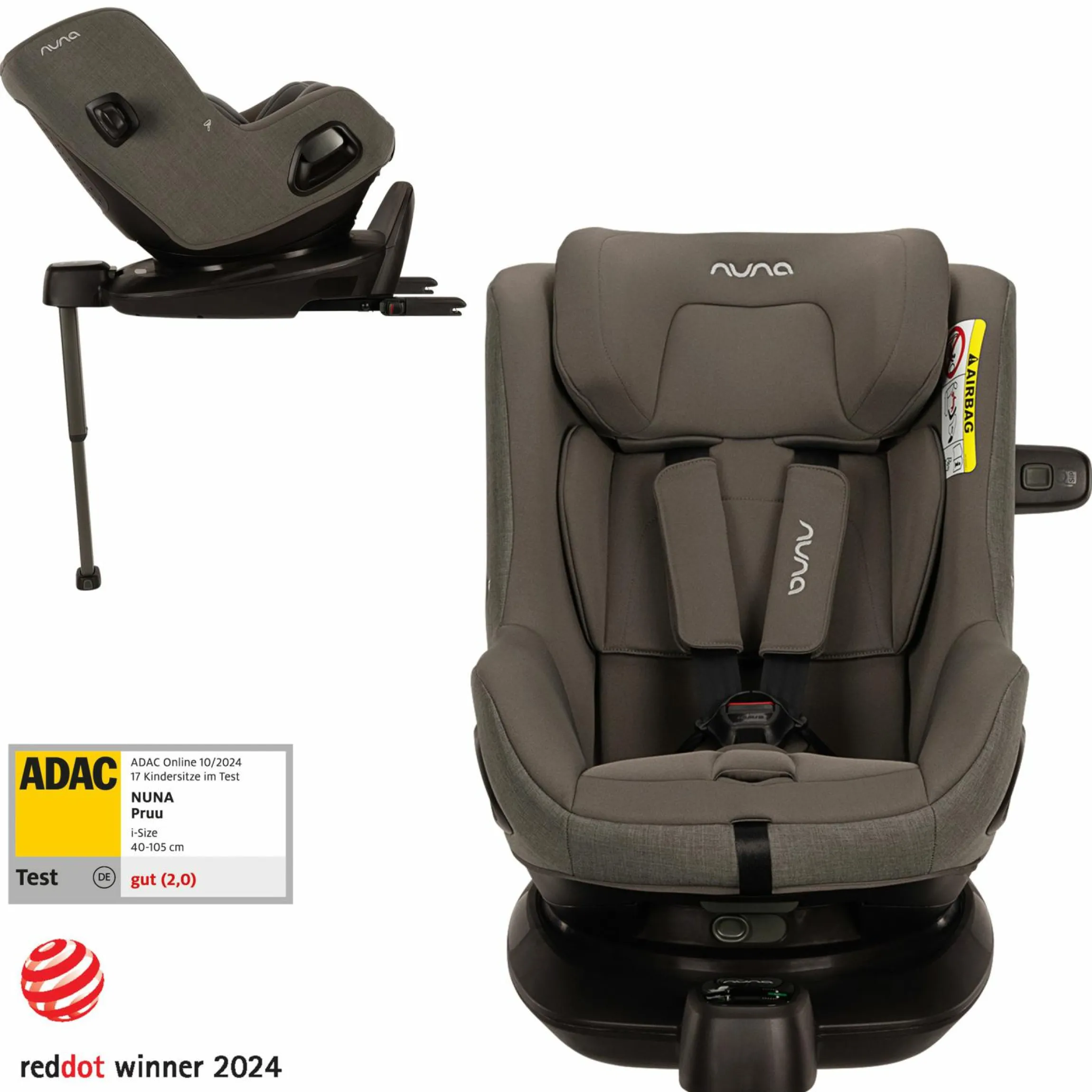 Reboarder-Kindersitz PRUU i-Size 360° drehbar ab Geburt bis 4 Jahre (40 cm - 105 cm) inkl. Basisstation & Sitzverkleinerer - Granite - Kollektion 2025