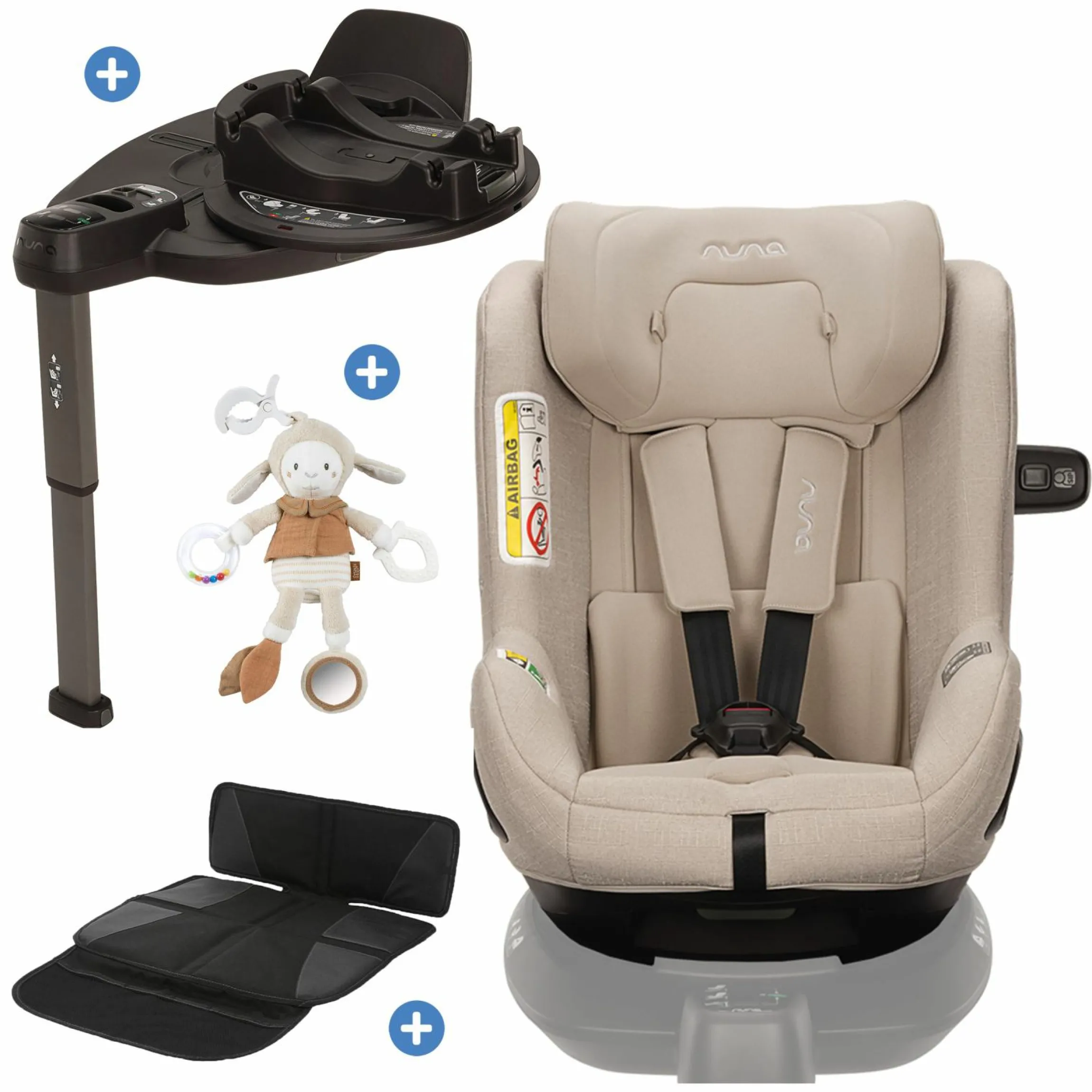 Reboarder-Kindersitz TODL next i-Size 360° inkl. Base Curve drehbar ab Geburt bis 4 Jahre (40 cm - 105 cm) mit Sitzverkleinerer, Polsterschutz & Spieltier - Biscotti