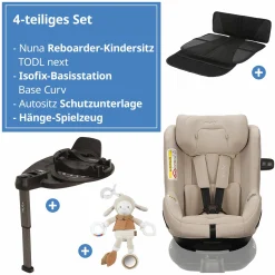 Reboarder-Kindersitz TODL next i-Size 360° inkl. Base Curve drehbar ab Geburt bis 4 Jahre (40 cm - 105 cm) mit Sitzverkleinerer, Polsterschutz & Spieltier - Biscotti