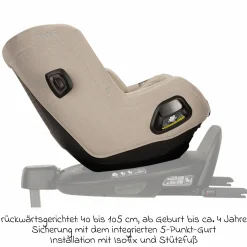 Reboarder-Kindersitz TODL next i-Size 360° inkl. Base Curve drehbar ab Geburt bis 4 Jahre (40 cm - 105 cm) mit Sitzverkleinerer, Polsterschutz & Spieltier - Biscotti