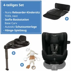 Reboarder-Kindersitz TODL next i-Size 360° inkl. Base Curve drehbar ab Geburt bis 4 Jahre (40 cm - 105 cm) mit Sitzverkleinerer, Polsterschutz & Spieltier - Caviar